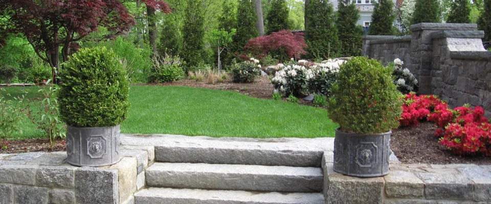 Granite steps between boxwood planters leading up to a lawn and stone wall